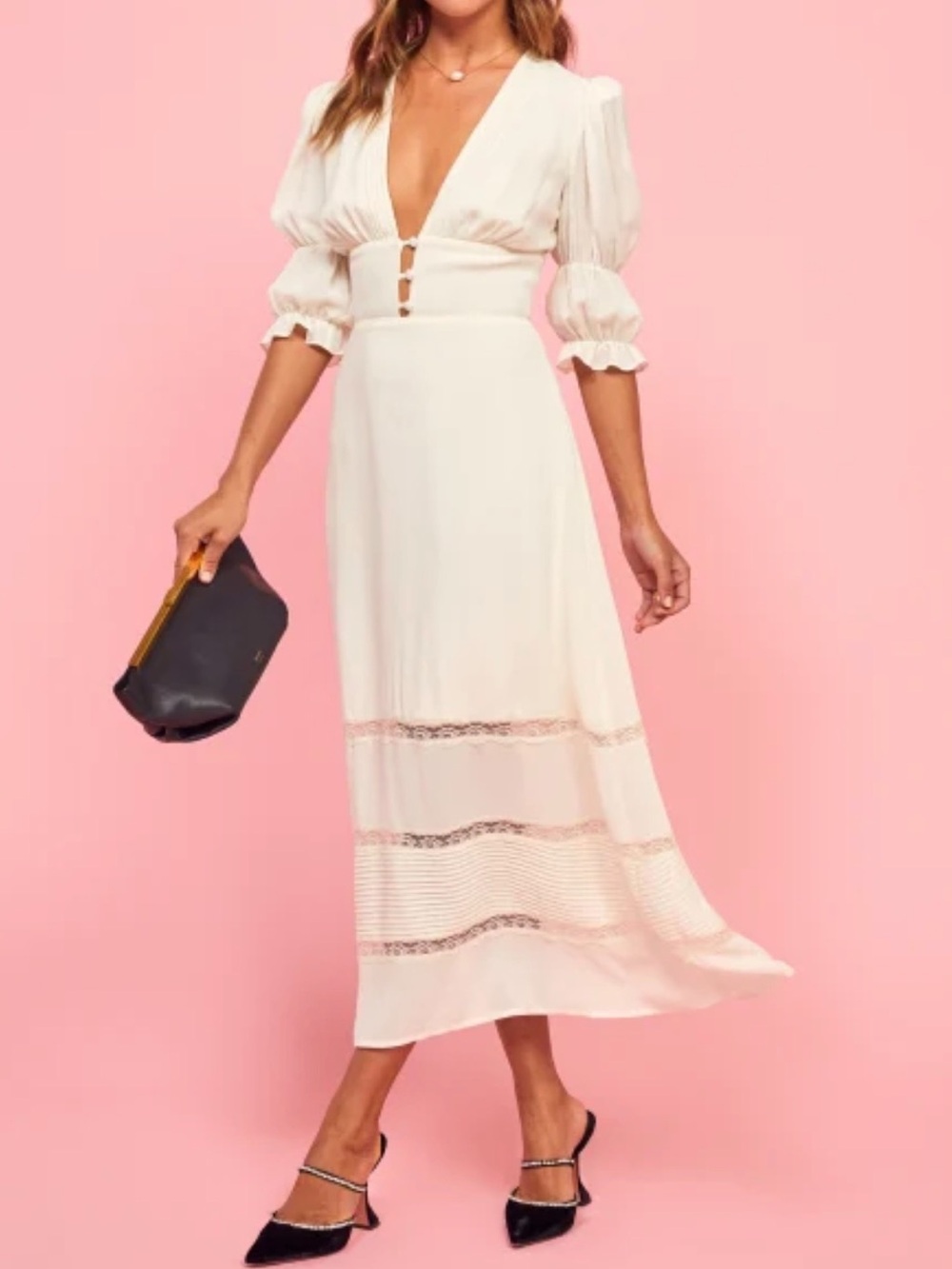Reformation Ginny Midi Dress Lace Trim Inset Sz 6 Cocktail Wedding Bridal - Picture 13 of 16